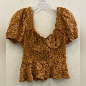 Haute Monde Underwire Lace Puff Sleeve Peplum Orangish Brown Top Medium #716